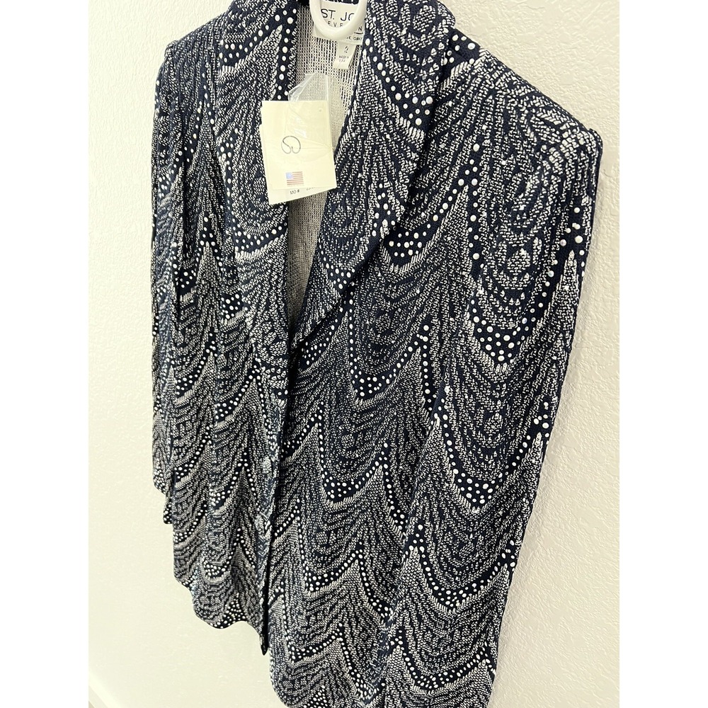 St John Knits Evening Jacket Navy Blue White W/ Pearls Crystals Size 2 NWT $1390